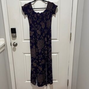 Floral Print Purple Maxi Dress with Tan Accents